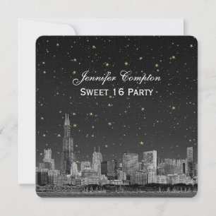 Convites Chicago Skyline Etch Cinza Starry SQ Sweet 16