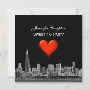 Convites Chicago Skyline Etch DIY BG Coração Vermelho SQ Do