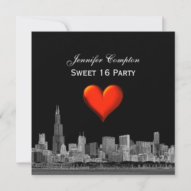 Convites Chicago Skyline Etch DIY BG Red Heart SQ Sweet 16 (Frente)