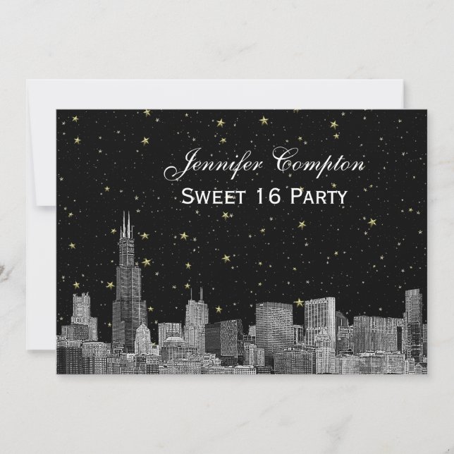 Convites Chicago Skyline Etch Estrela DIY BG SQ Doce 16 H (Frente)