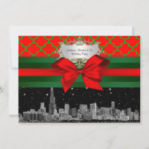 Convites Chicago Skyline, Red Green Quatrefoil Xmas