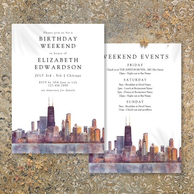Convites Chicago Skyline Watercolor Birthday Weekend (Chicago Skyline Watercolor Birthday Weekend Invitation)
