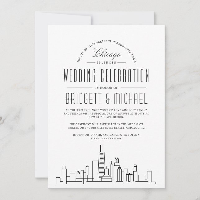 Convites Chicago Wedding | Skyline Moderno Deco (Frente)