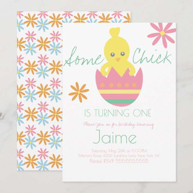 Convites Chick Easter Turning One Birthday (Frente/Verso)