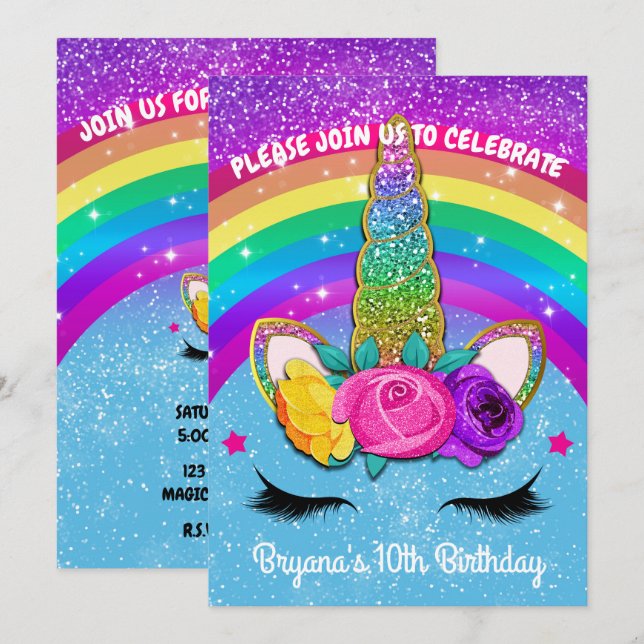 Convites Chifre de Unicórnio Brilhante com Glitter para Ros (Frente/Verso)