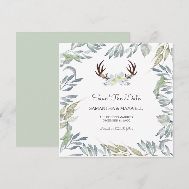 Convites Chifre de veado & Save the Date com folhagens, Azu (Frente/Verso)