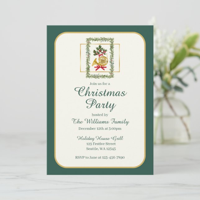Convites Chifre Francês Elegante Natal Verde Escuro (Em pé/Frente)