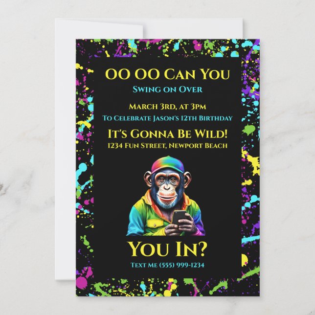 Convites Chimpanzé Colorido por Chimp com Telefone (Frente)