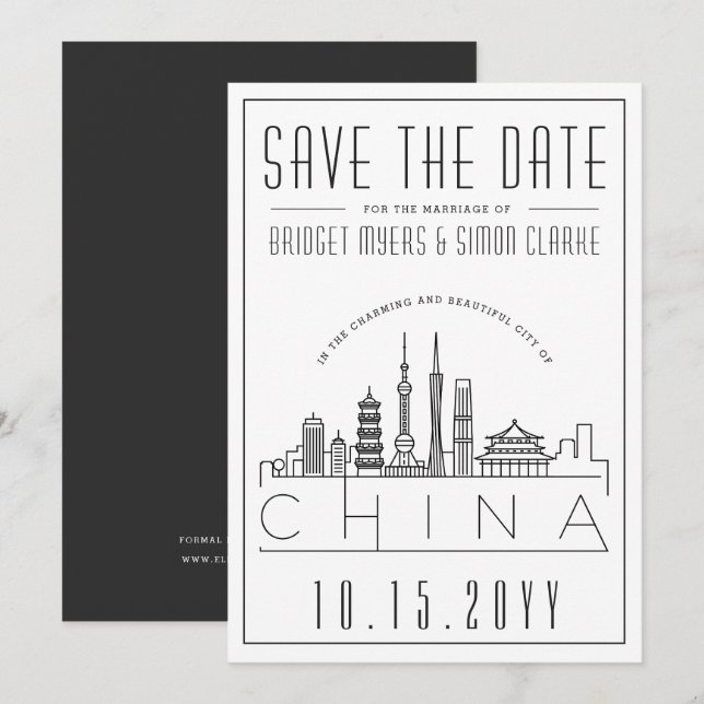 Convites China Noivado Silhueta Estilizada Salvar a Data (Frente/Verso)