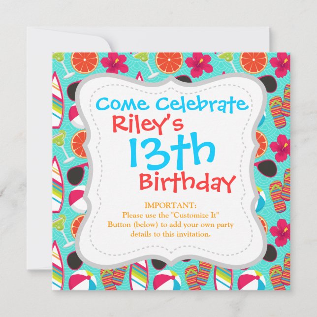 Convites Chinelos do Partido da Praia Óculos de sol Bola de (Frente)