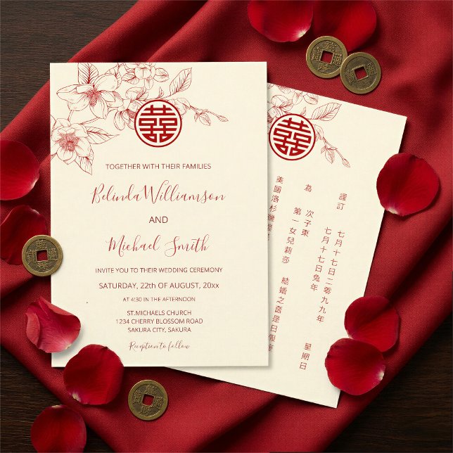 Convites Chinês Bilíngue | Casamento Chinês Creme Magnólia (Criador carregado)