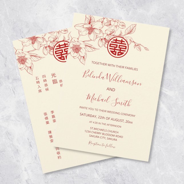 Convites Chinês Bilíngue | Casamento Chinês Creme Magnólia (Criador carregado)