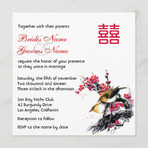 Convites Chinês floral dos pássaros do amor da aguarela X