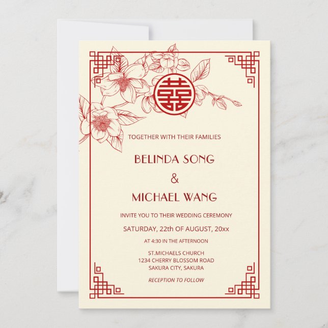 Convites Chinese Bilingual | Magnolia Cream Chinese Wedding (Frente)