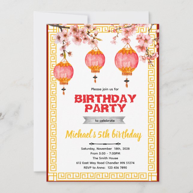 Convites Chinese Birthday party Invitation  (Frente)