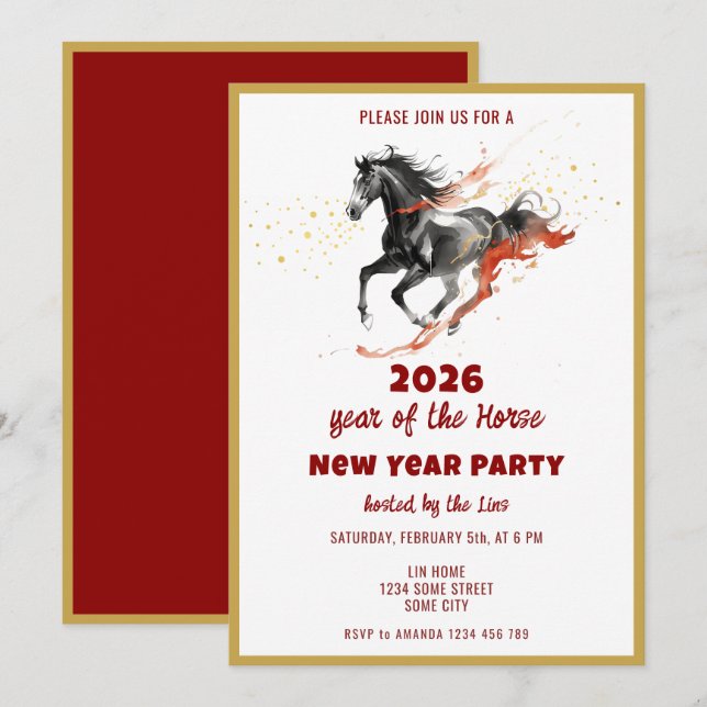 Convites Chinese New Year 2026 Horse Ink New Year Party (Frente/Verso)