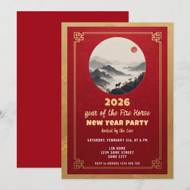Convites Chinese New Year 2026 Horse New Year Party (Frente/Verso)