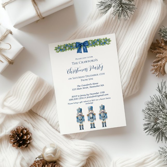 Convites Chinoiserie Azul e Branco Noelhão Natal  (Blue Nutcracker Christmas Party Invitation)