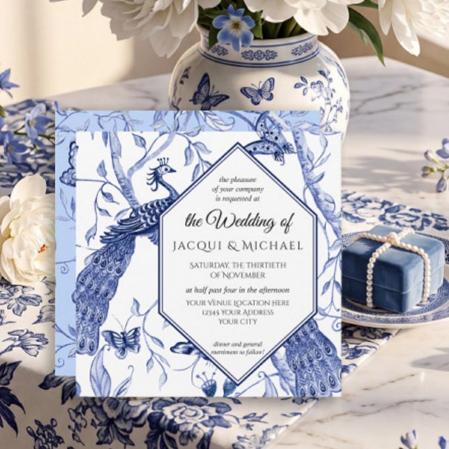 Convites Chinoiserie Azul-Marinho Pavão Borboleta Hexágono (Criador carregado)