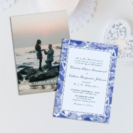 Convites Chinoiserie Azul Moderna com Casamento Fotográfico