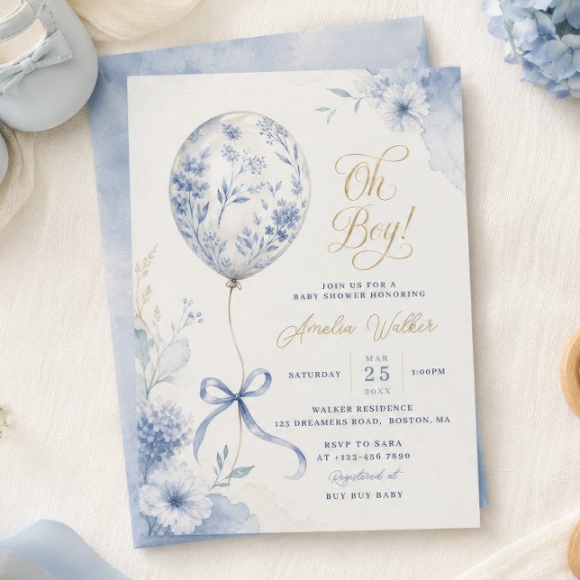Convites Chinoiserie Balão Azul Shower de Bebê Menino (Criador carregado)