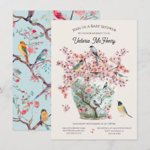 Convites Chinoiserie Birds Cherry Blossoms Chá de fraldas V