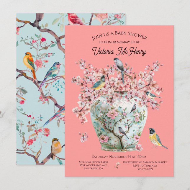 Convites Chinoiserie Birds Cherry Blossoms Chá de fraldas V (Frente/Verso)