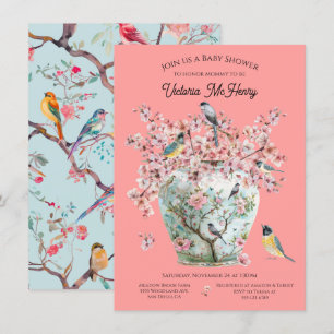 Convites Chinoiserie Birds Cherry Blossoms Chá de fraldas V