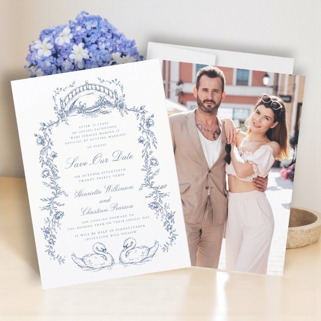 Convites Chinoiserie blue photo save the date  (Criador carregado)