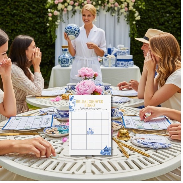 Convites Chinoiserie Blue Willow Jogo de Bingo para Chá de  (Chinoiserie Blue Willow Bridal Shower Bingo game)