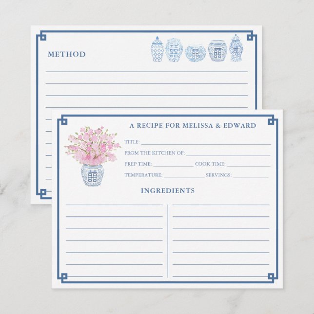 Convites Chinoiserie Chic Pink e Blue Recipiente Card (Frente/Verso)
