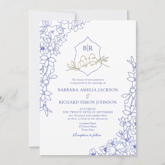 Convites Chinoiserie Crista Floral Azul Casamento (Frente)