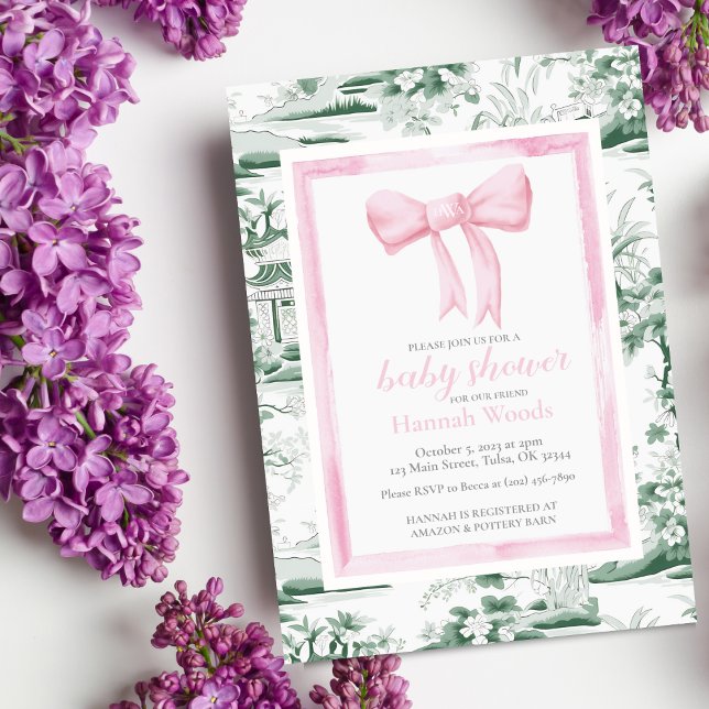 Convites Chinoiserie de Arco rosa e verde com edição no ver (Criador carregado)