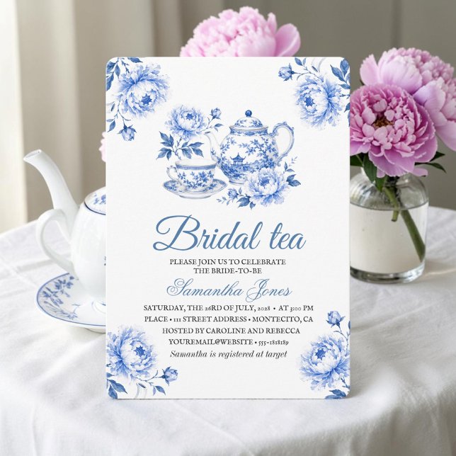 Convites Chinoiserie Floral Azul Buquê de Chá para Chá de N (Criador carregado)