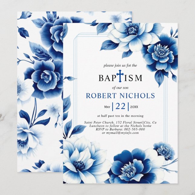 Convites Chinoiserie floral azul com batismo triplo (Frente/Verso)