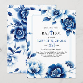 Convites Chinoiserie floral azul com batismo triplo