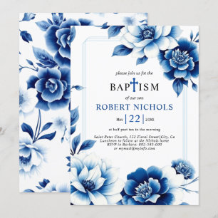 Convites Chinoiserie floral azul com batismo triplo