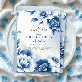 Convites Chinoiserie floral azul, lavagem a aquarelas Bapti