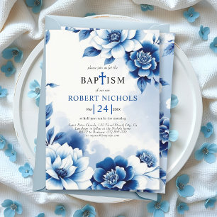 Convites Chinoiserie floral azul, lavagem a aquarelas Bapti