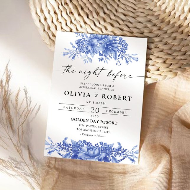 Convites Chinoiserie Floral De Porcelana Azul Na Noite Ante (Criador carregado)
