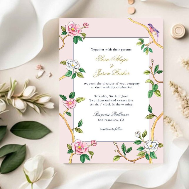 Convites Chinoiserie Floral Pink e Casamento Branco (Criador carregado)