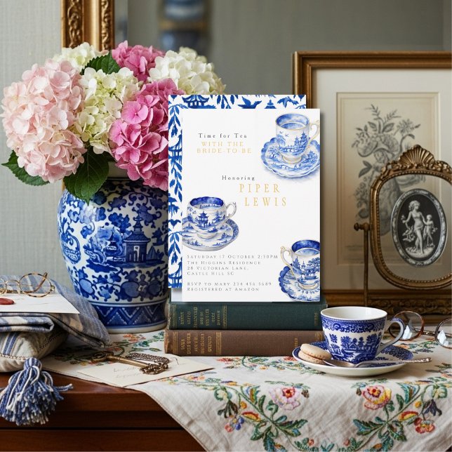 Convites Chinoiserie Hora do Chá Chá de Bebê Azul (Chinoiserie Time for Tea Bridal Shower Blue Invitation)