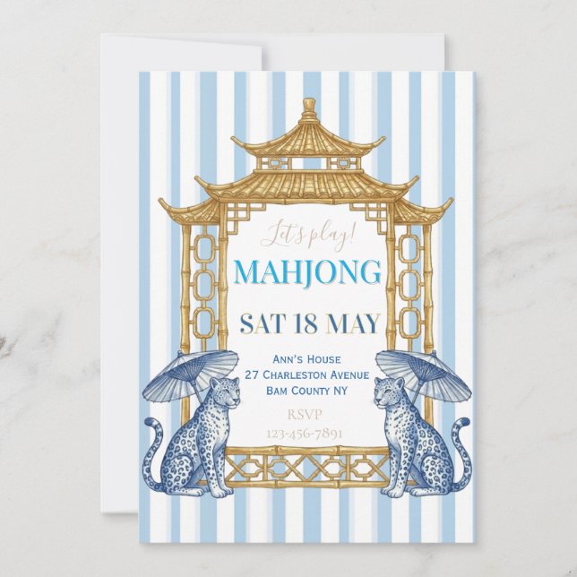 Convites Chinoiserie Mahjong Party Blue  (Frente)