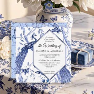 Convites Chinoiserie Marinho Blue Peacock Butterfly Hexagon