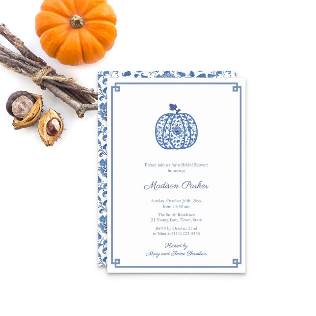 Convites Chinoiserie Pumpkin Azul E Chá de panela Branco (Watercolor Blue And White Chinoiserie Pattern Bridal Shower Party Invitation)