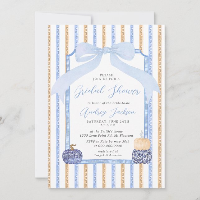 Convites Chinoiserie Pumpkin & Blue Bow Fall Bridal Shower (Frente)