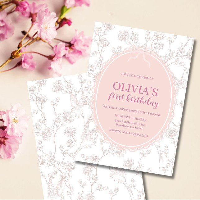 Convites Chinoiserie Rosa Aniversário de 1 ano (Elegant pink chinoiserie birthday invitation, perfect for a girl’s first or any age party.)