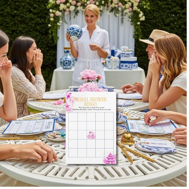 Convites Chinoiserie Rosa Salgueiro Jogo de Bingo para Chá  (Chinoiserie Pink Willow Bridal Shower Bingo game)