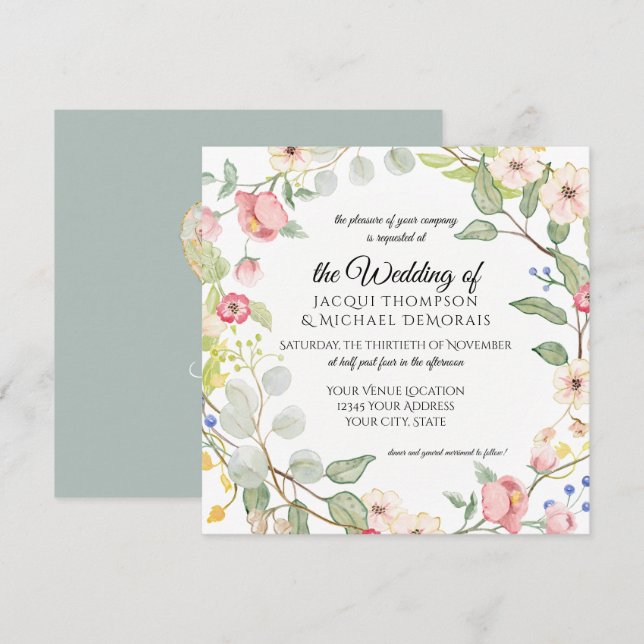 Convites Chinoiserie Silver Sage Rosas Floral (Frente/Verso)