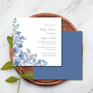 Convites Chinoiserie Toile Azul Festa de Bebê Vintage Flora